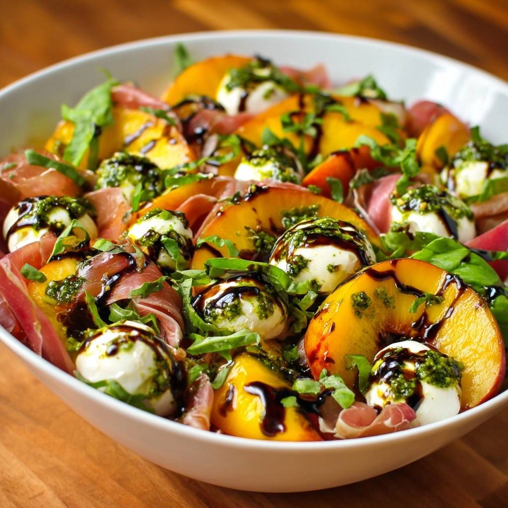 Peach prosciutto burrata salad with pesto and balsamic glaze, showcasing the fresh ingredients and drizzled dressing.