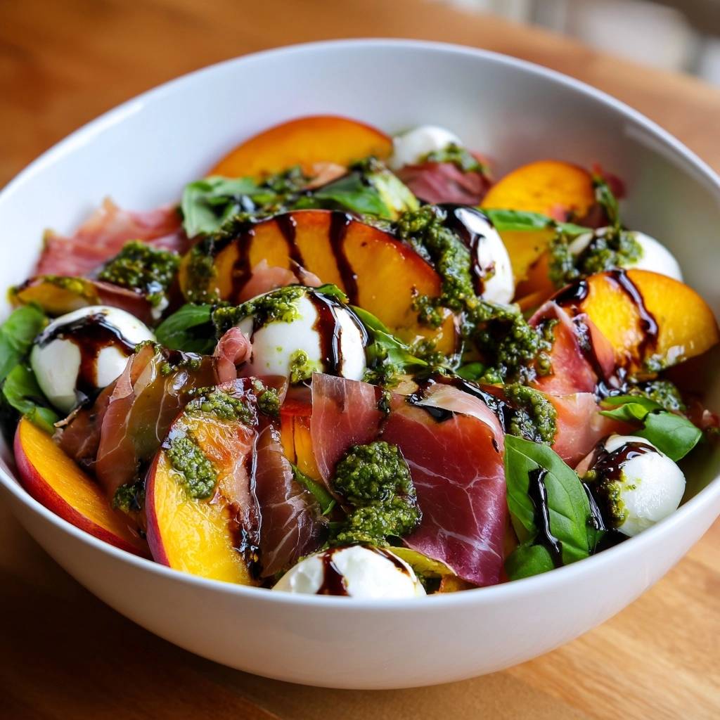 Peach prosciutto burrata salad drizzled with balsamic glaze and pesto, showcasing fresh ingredients.
