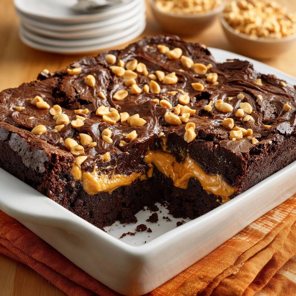 Peanut butter stuffed fudgy brownies showing a gooey, rich cross-section with chopped peanuts on top.