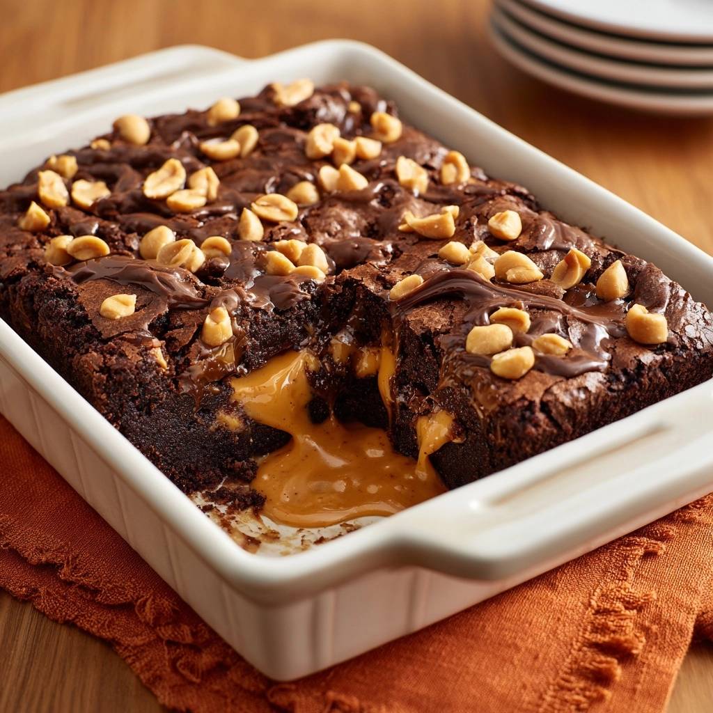 Peanut butter stuffed fudgy brownies with a gooey caramel center oozing out of a cut slice.