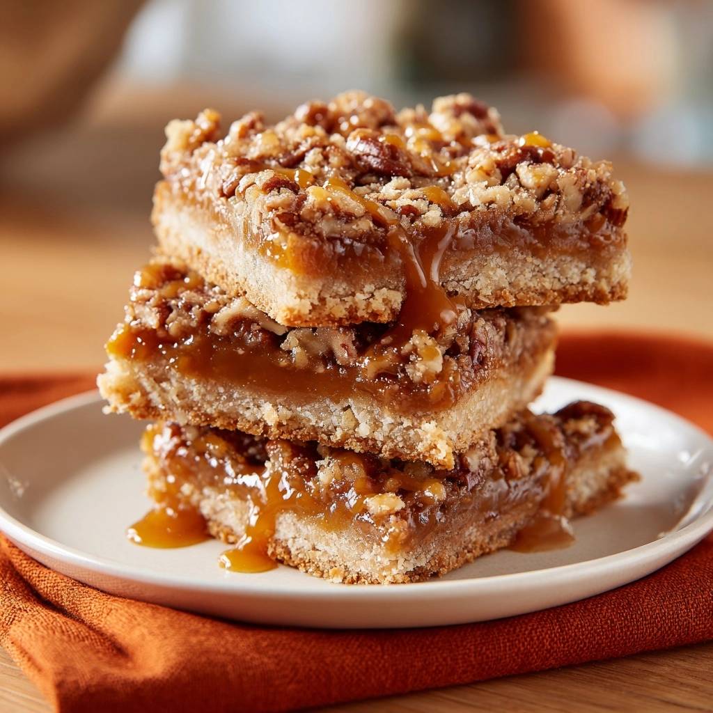 Pecan pie bars with a crisp shortbread crust stacked on a white plate, drizzled with caramel.