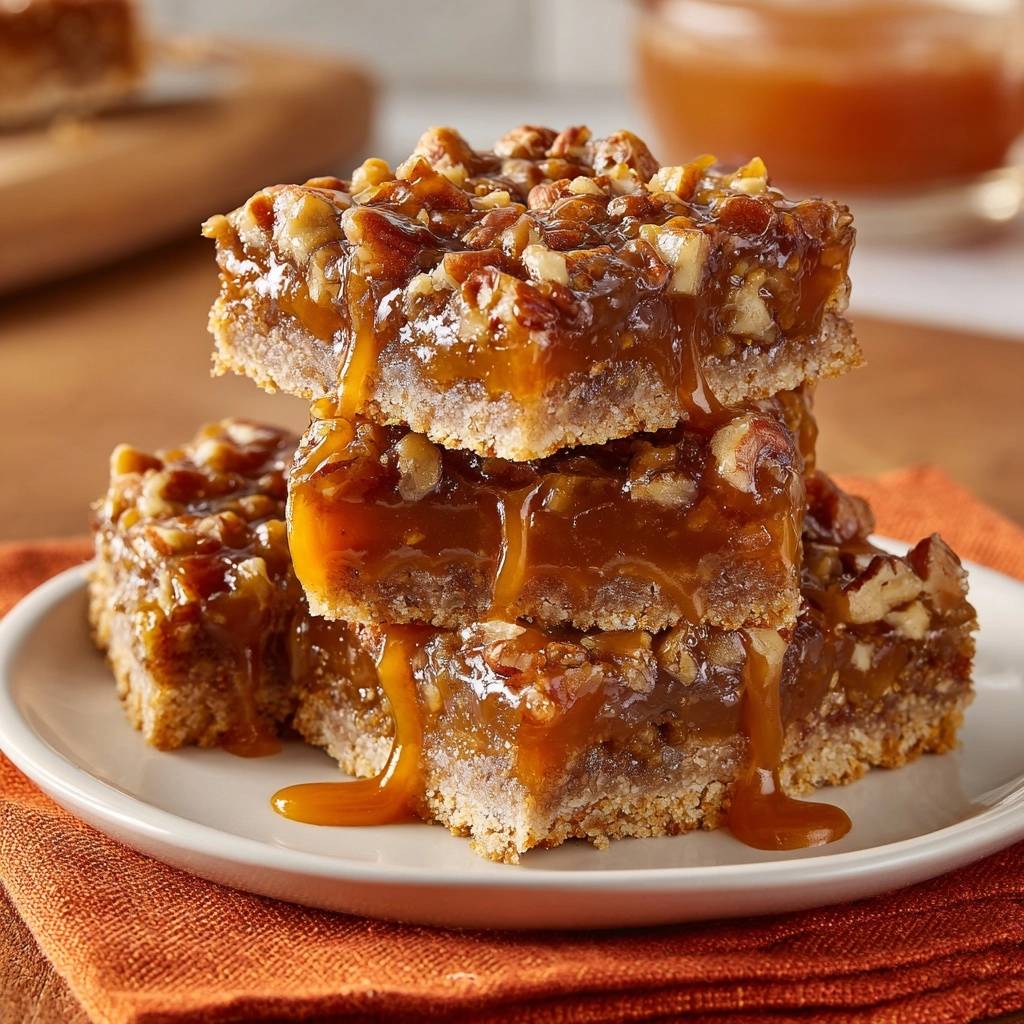 Pecan pie bars with crisp shortbread crust stacked high, showcasing a generous caramel drizzle and chopped pecans.