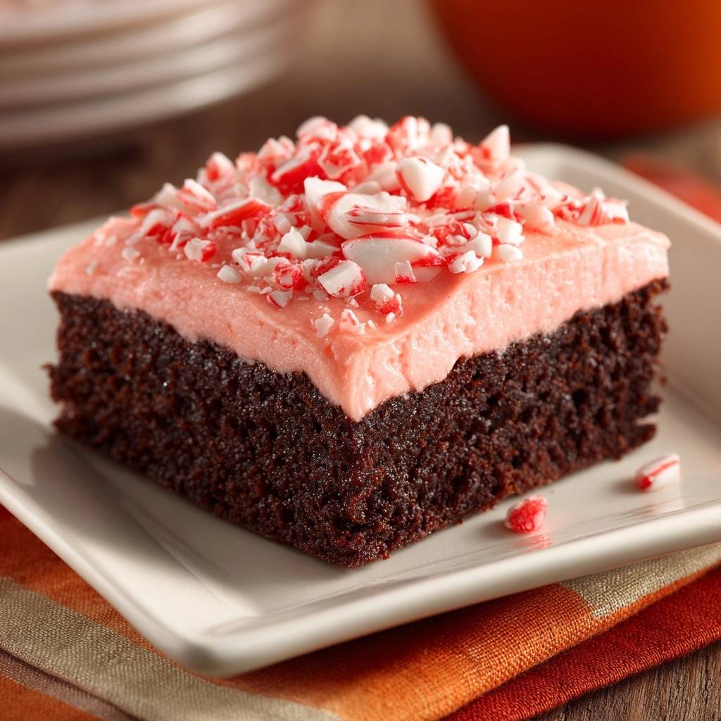 Peppermint pink frosting brownies, a single slice plated and garnished with crushed candy canes.
