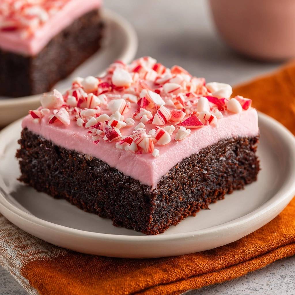 Peppermint pink frosting brownies, a single slice plated and topped with crushed candy canes.