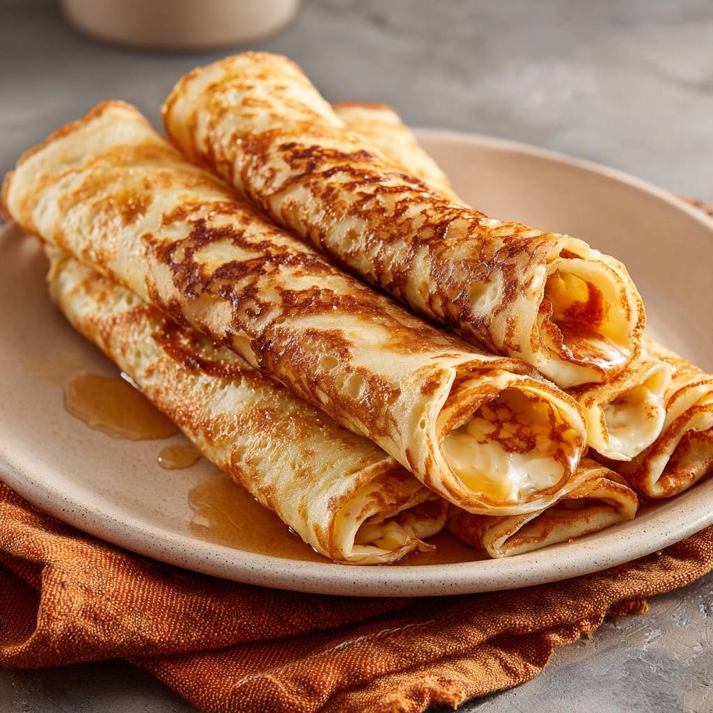 Perfect crepes rolled and filled, showcasing their tender texture and golden-brown exterior on a plate.