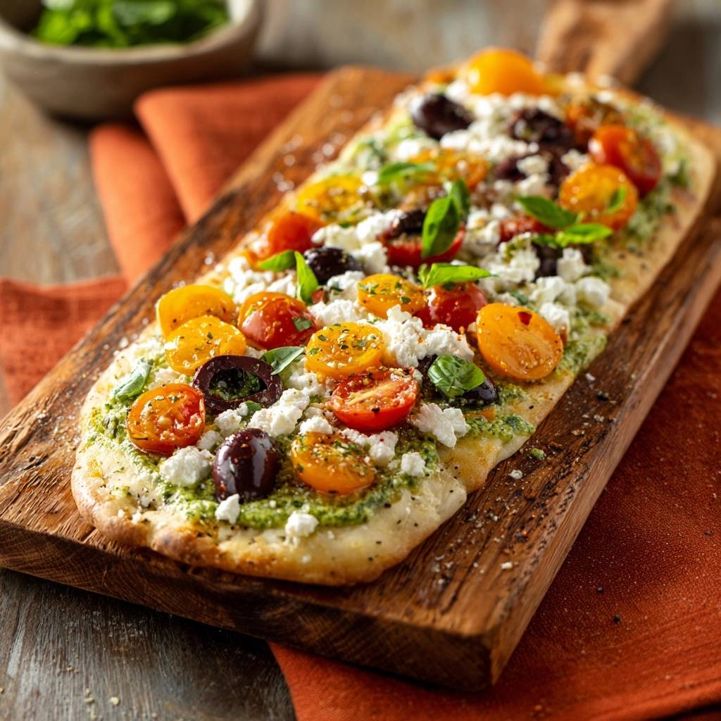 Pesto cherry tomato flatbread with crispy no-sog crust, shown overhead with vibrant pesto base and fresh toppings.