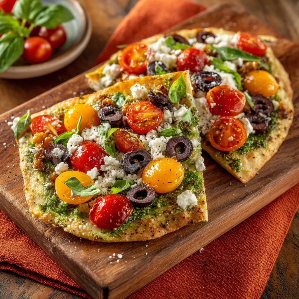 Pesto cherry tomato flatbread with a crispy no-sog crust, shown as two halves revealing fresh toppings and pesto sauce.