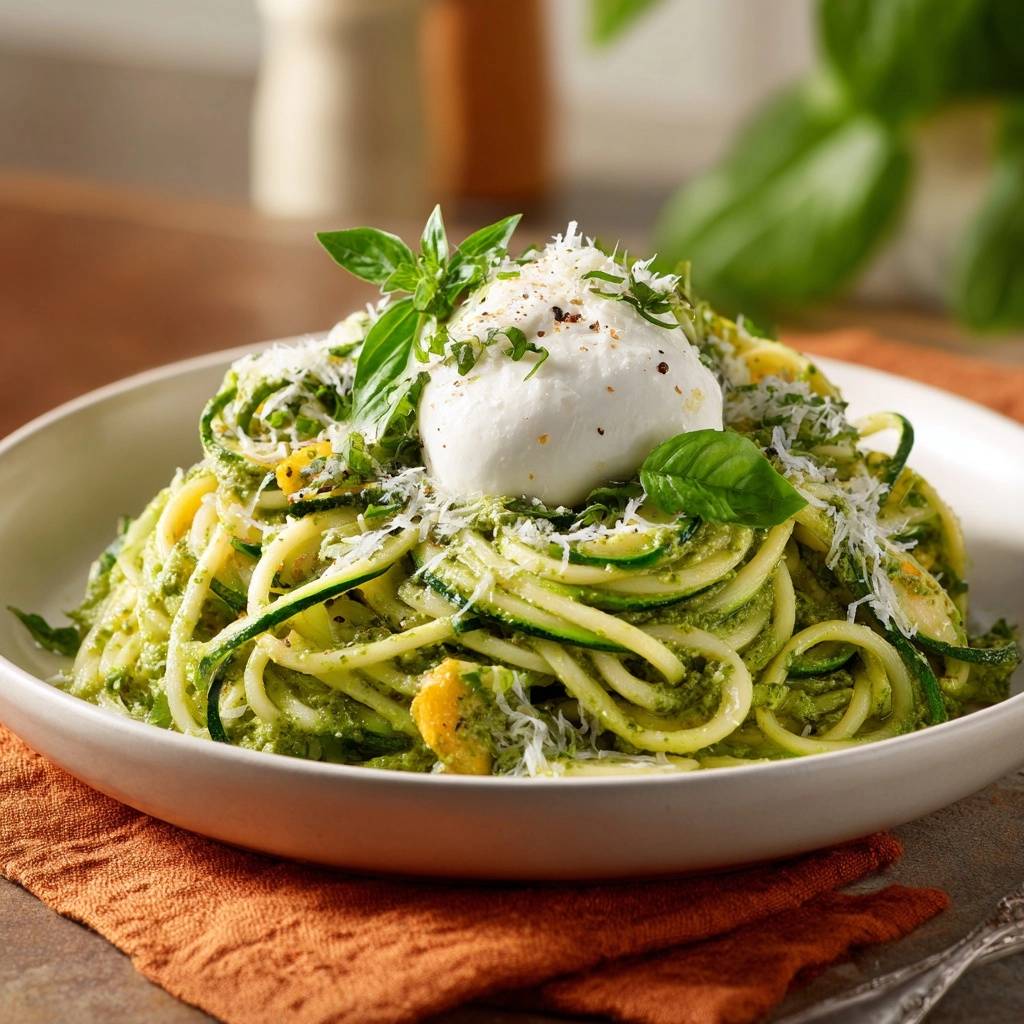 Pesto zucchini noodles with burrata is presented in a white bowl, topped with fresh basil and grated parmesan cheese.