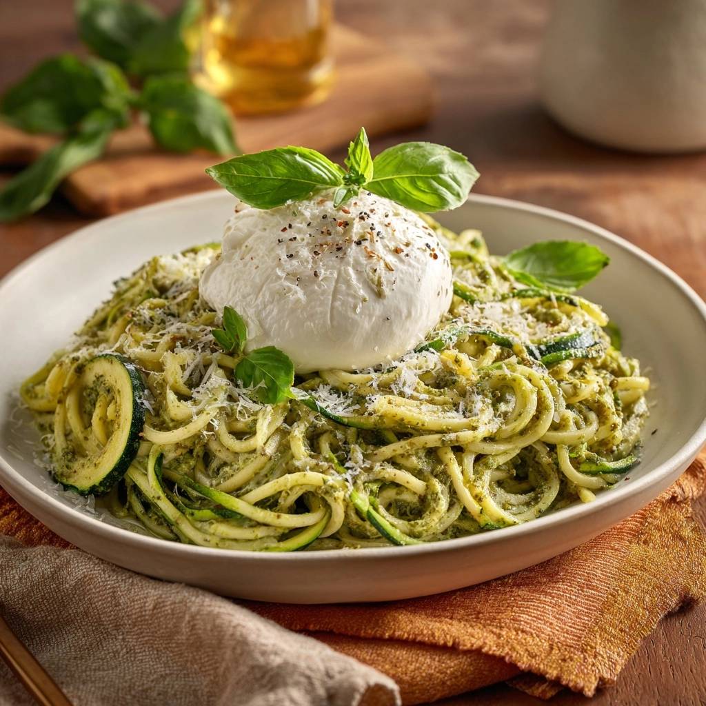 Pesto zucchini noodles topped with a whole burrata ball and fresh basil leaves, garnished with grated cheese.