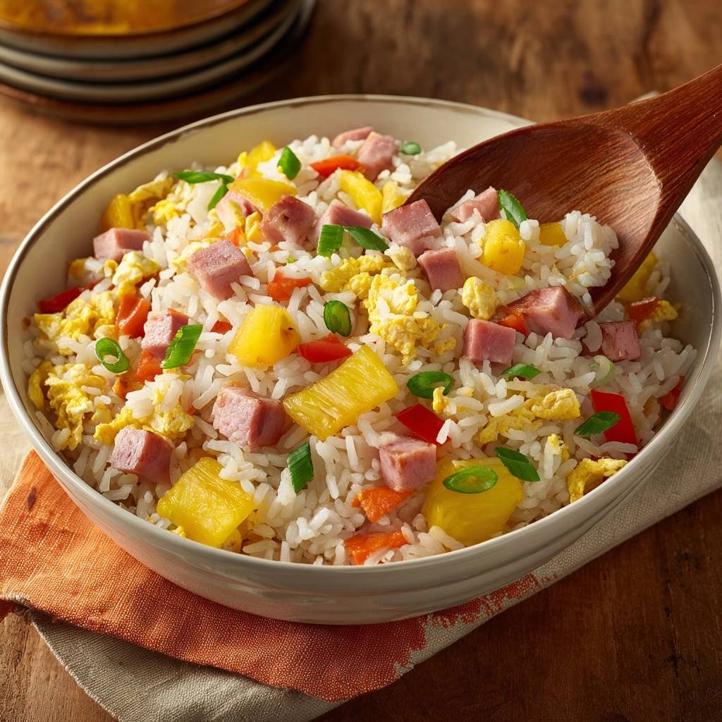 Tropical pineapple and ham fried rice being served with a wooden spoon from a white bowl.