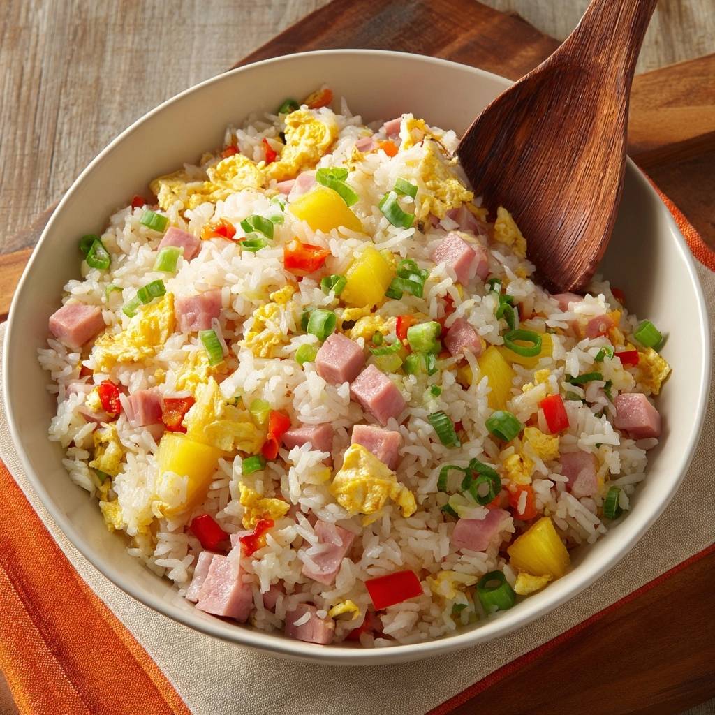 Tropical pineapple and ham fried rice being served with a wooden spoon in a white bowl.