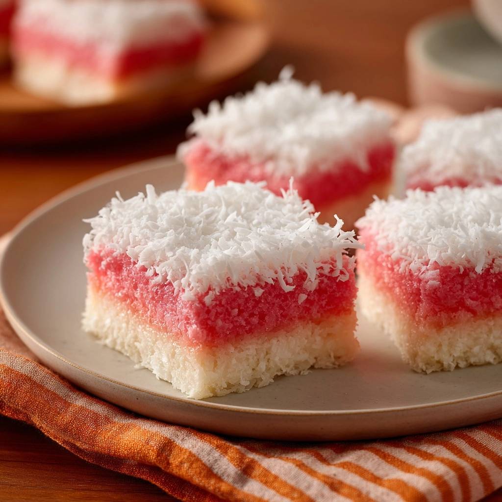 Pink Ribbon Coconut Ice Bars plated on a saucer, showcasing a close-up view of the layered dessert topped with shredded coconut.