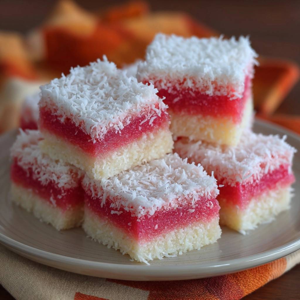 Pink Ribbon Coconut Ice Bars stacked on a plate, showcasing their layered texture and coconut topping.