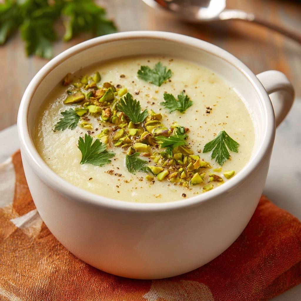 Velvety Pistachio Potato Soup garnished with chopped pistachios and fresh parsley