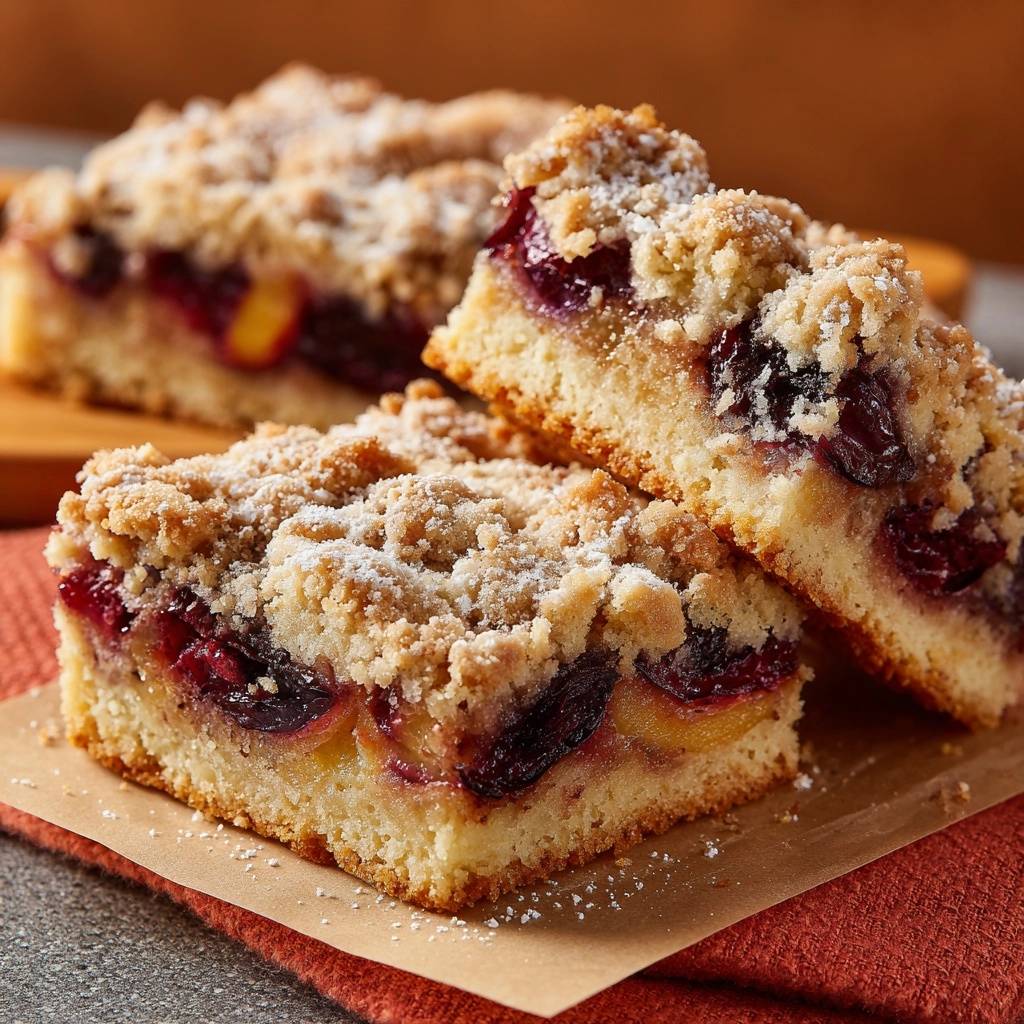 Plum streusel bars showing a close-up cross-section with juicy fruit and crumb topping.