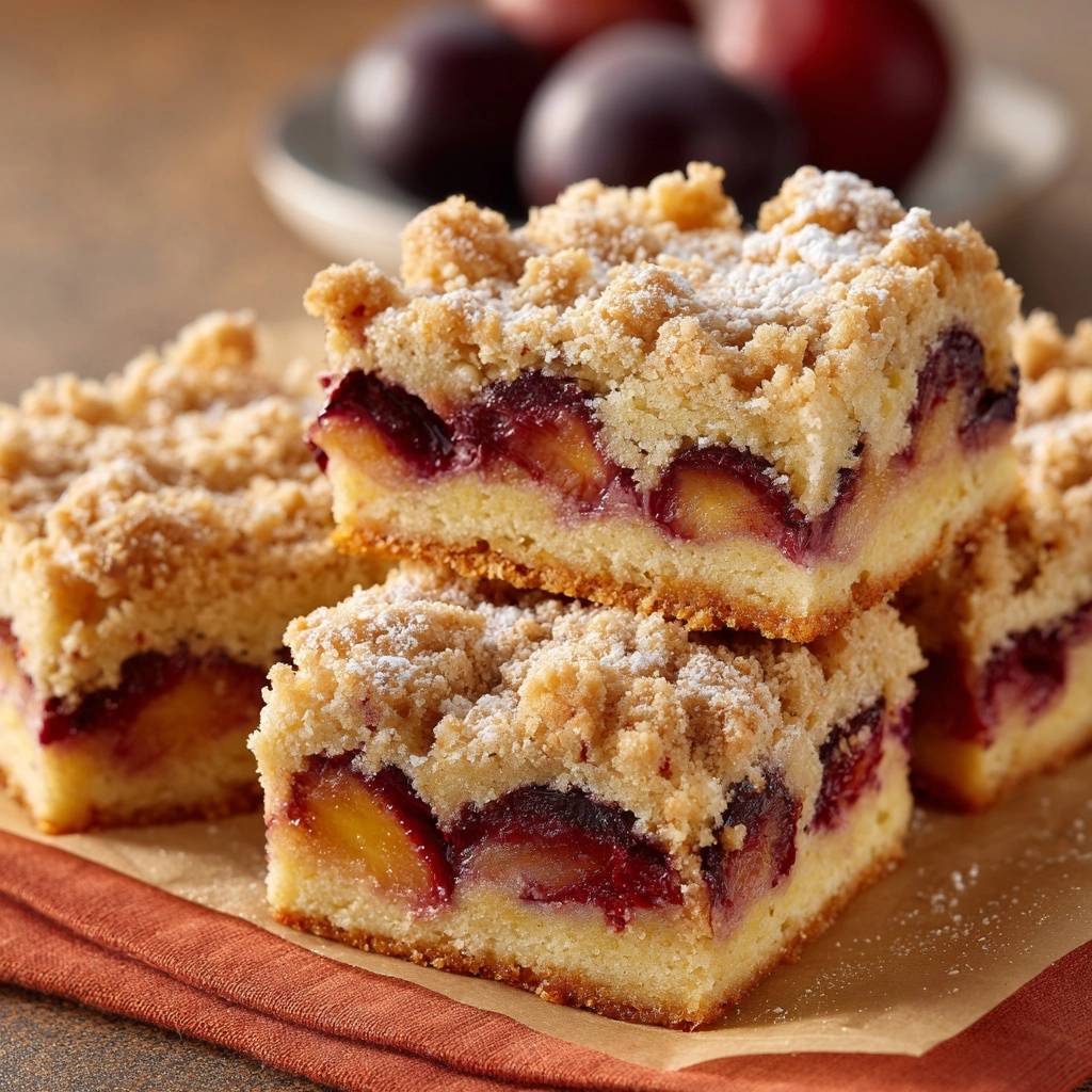 Plum streusel bars with a juicy fruit filling shown in a close-up cross-section of a stacked serving.