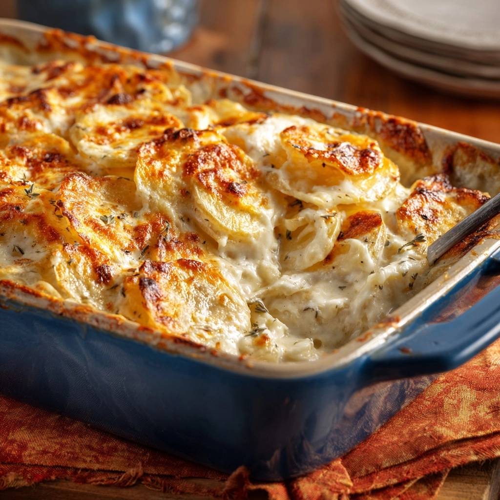 Potatoes au gratin, a creamy baked dish with golden-brown potato slices and herbs in a blue casserole dish.