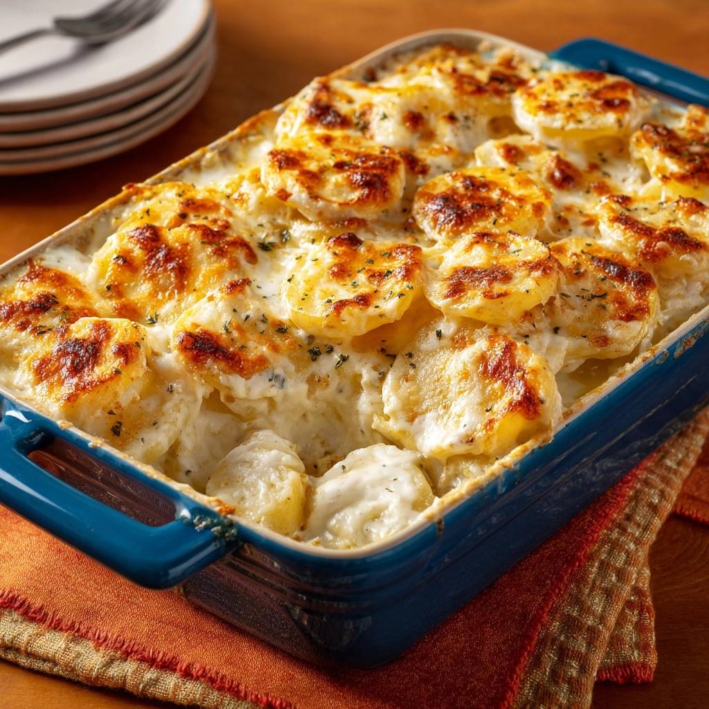 Potatoes au gratin with a golden brown cheesy topping and visible herbs in a blue baking dish.