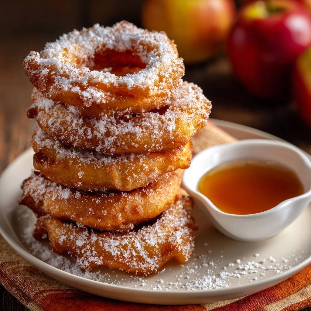 Fluffy powdered sugar donuts are stacked high on a plate next to a small bowl of dipping sauce.
