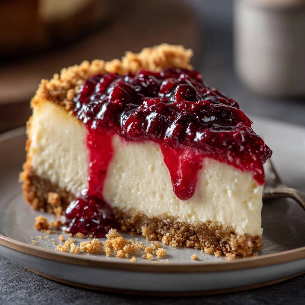 Perfect raspberry cheesecake, a single slice served on a plate, showcasing the rich berry topping and creamy filling.