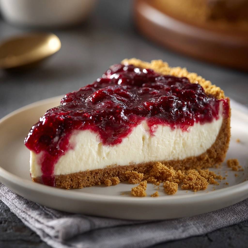 Raspberry cheesecake slice cross-section showing creamy filling and crumb crust with raspberry topping.