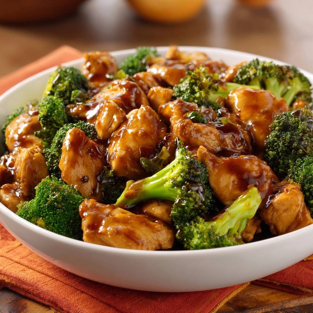 Restaurant-style chicken and broccoli served in a white bowl with a glossy sauce.