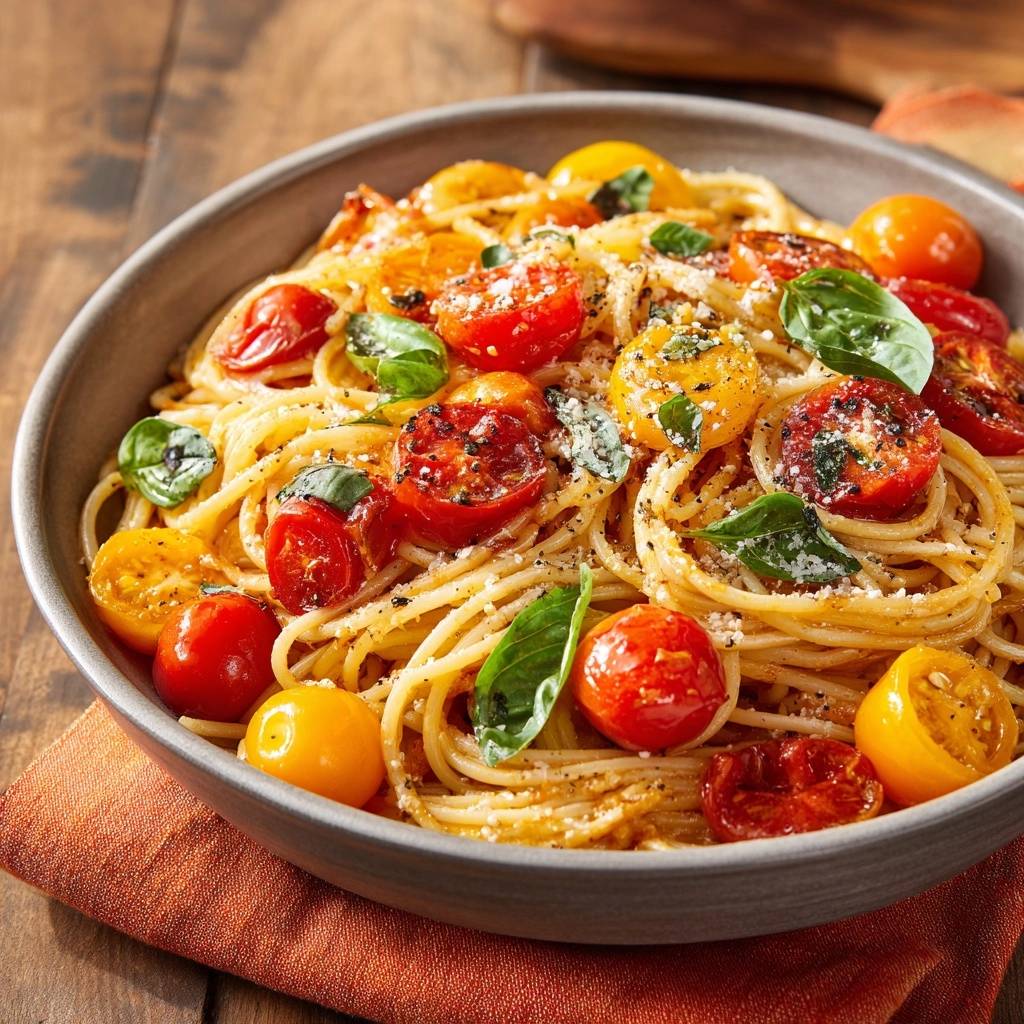 Roasted cherry tomato spaghetti shown in a close-up view within a rustic bowl, garnished with fresh basil.