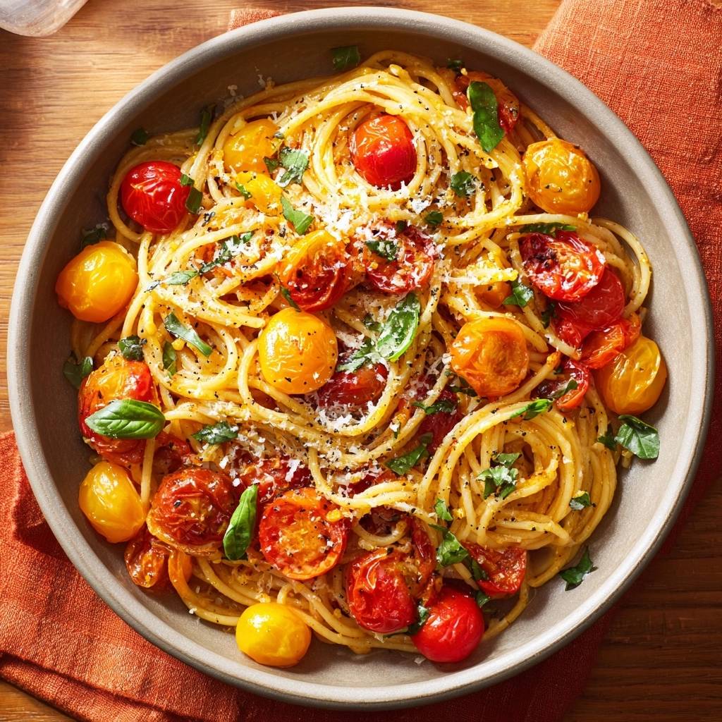 Roasted cherry tomato spaghetti in a bowl, showing an overhead view with whole and halved tomatoes and fresh basil.
