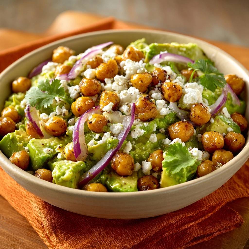Roasted chickpea avocado feta salad bowl with a detailed close-up of the fresh ingredients and crumbled feta.