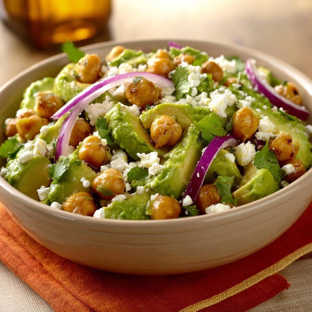 Roasted chickpea avocado feta salad recipe shown in a bowl with a close-up view of the ingredients.