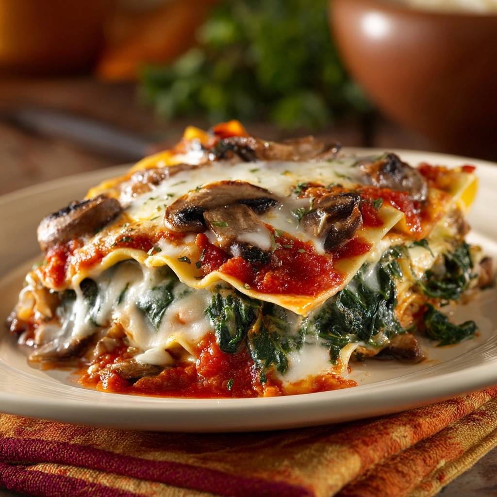 Roasted mushroom and spinach lasagna shown in a close-up cross-section, revealing layers of pasta, cheese, and filling.