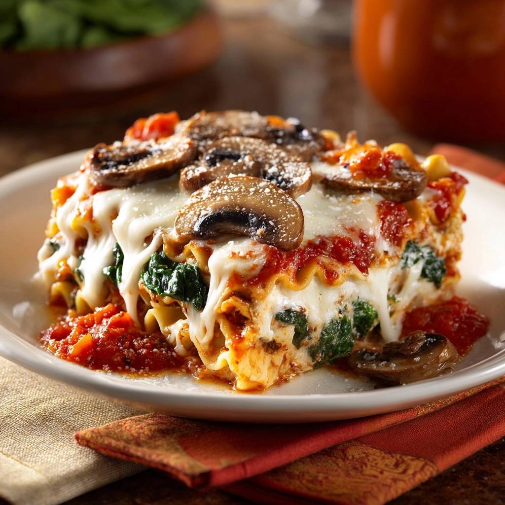 Roasted mushroom and spinach lasagna served as a plated slice, showcasing layers and melted cheese.