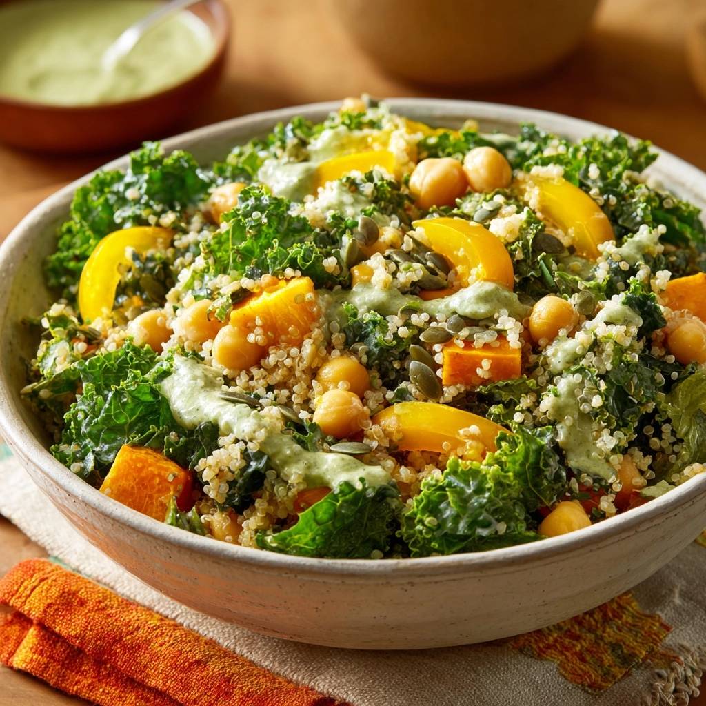 Roasted squash kale quinoa salad bowl detailed view with creamy dressing and pumpkin seeds.