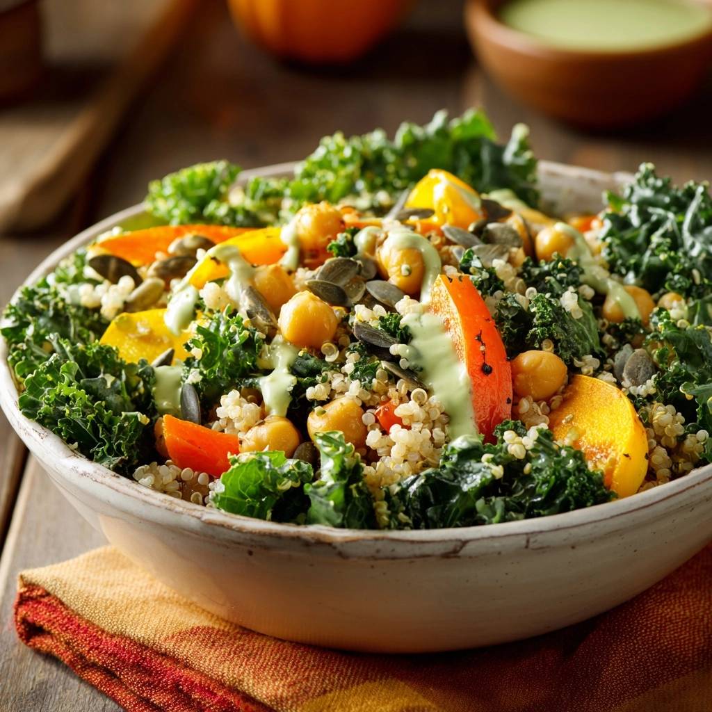 Roasted squash kale quinoa salad recipe with a creamy green dressing drizzled over the top.