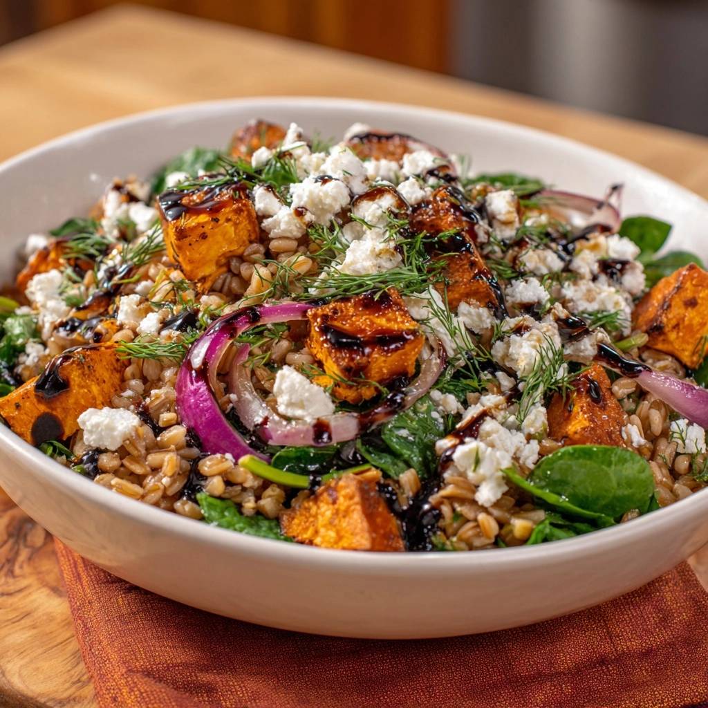 Roasted sweet potato farro salad with feta and red onion, presented in a close-up view of a white bowl.
