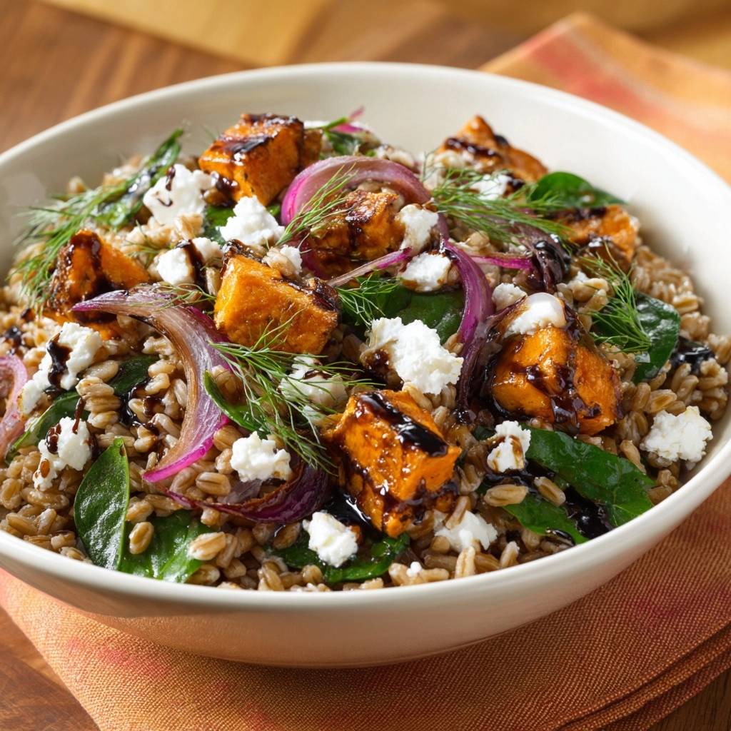 Roasted sweet potato farro salad with a close-up view of crumbled feta and fresh dill garnish.