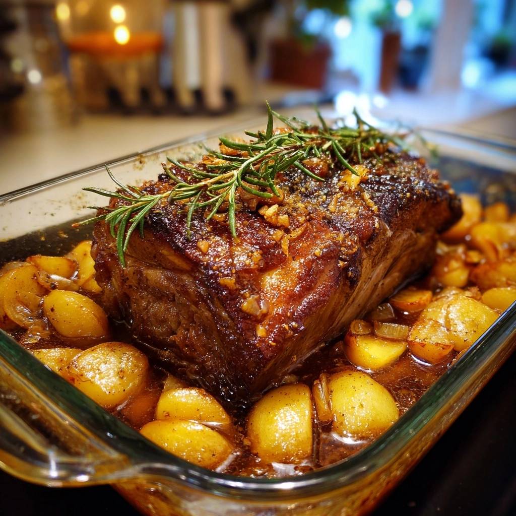 Rosemary roasted beef roast with potatoes in a glass baking dish, showcasing the glistening sauce.