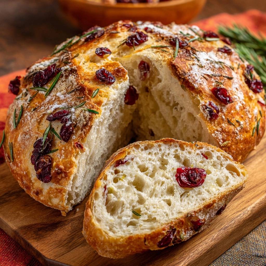 Rosemary cranberry artisan loaf shown in a cross-section, revealing its soft interior with dried cranberries and rosemary.