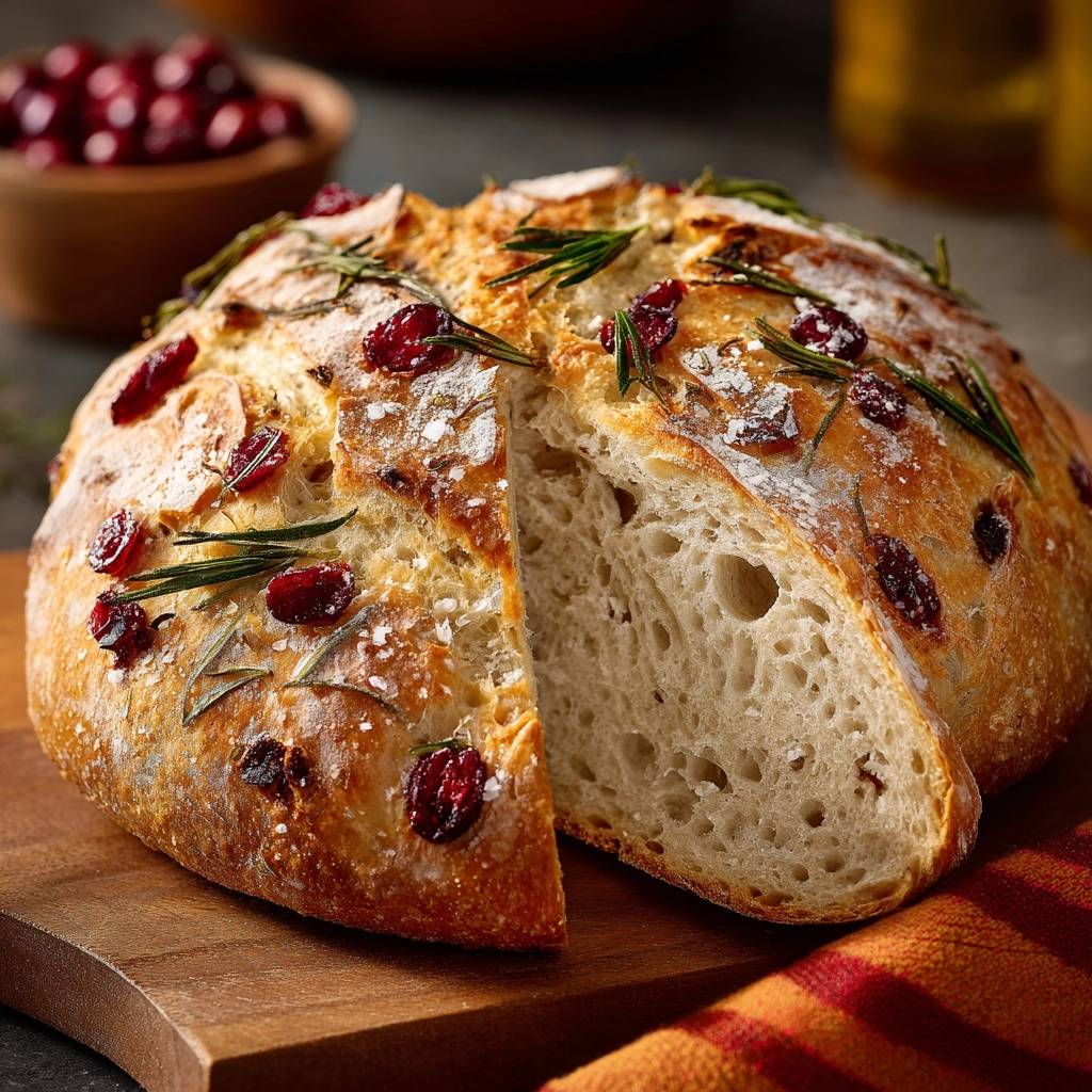 Rosemary cranberry artisan loaf sliced to show a detailed cross-section with visible cranberries and rosemary.