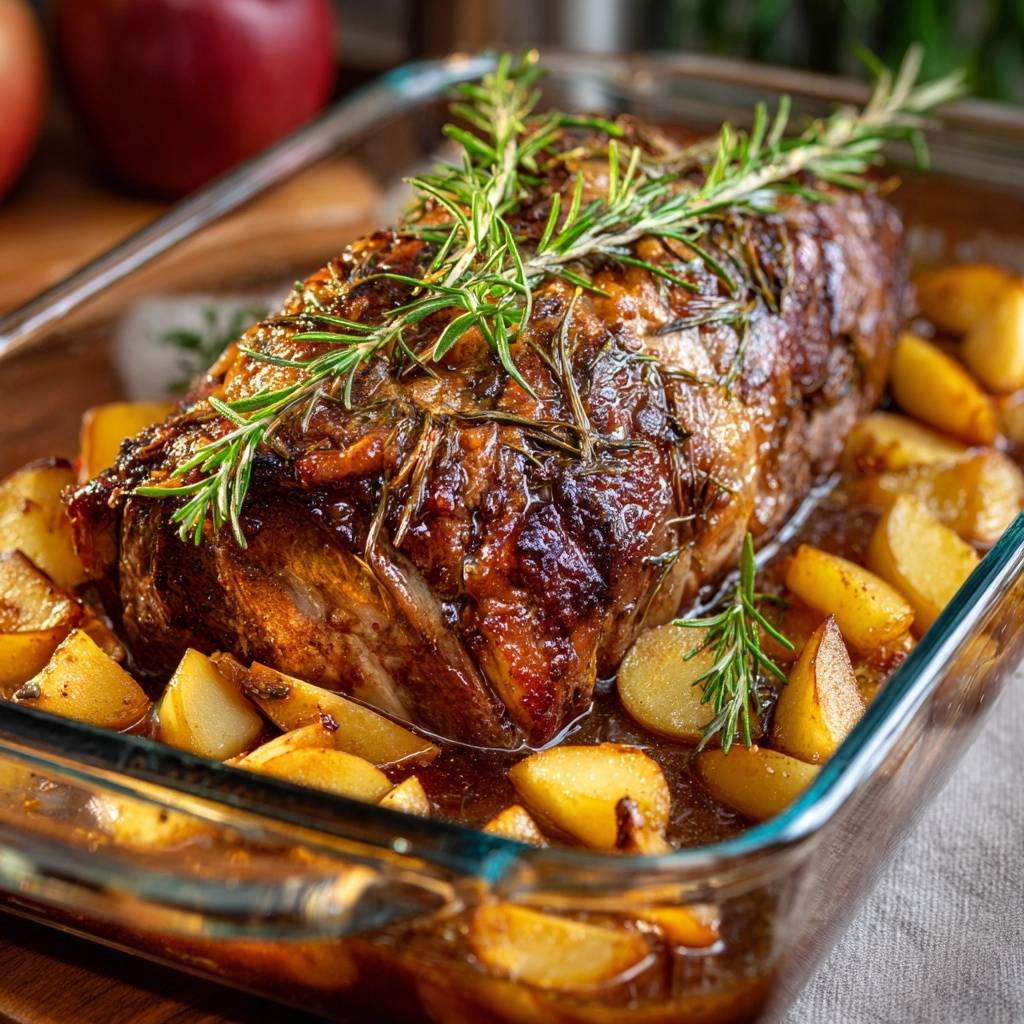 Rosemary roasted beef roast with potatoes glistening in a glass baking dish, garnished with fresh rosemary sprigs.