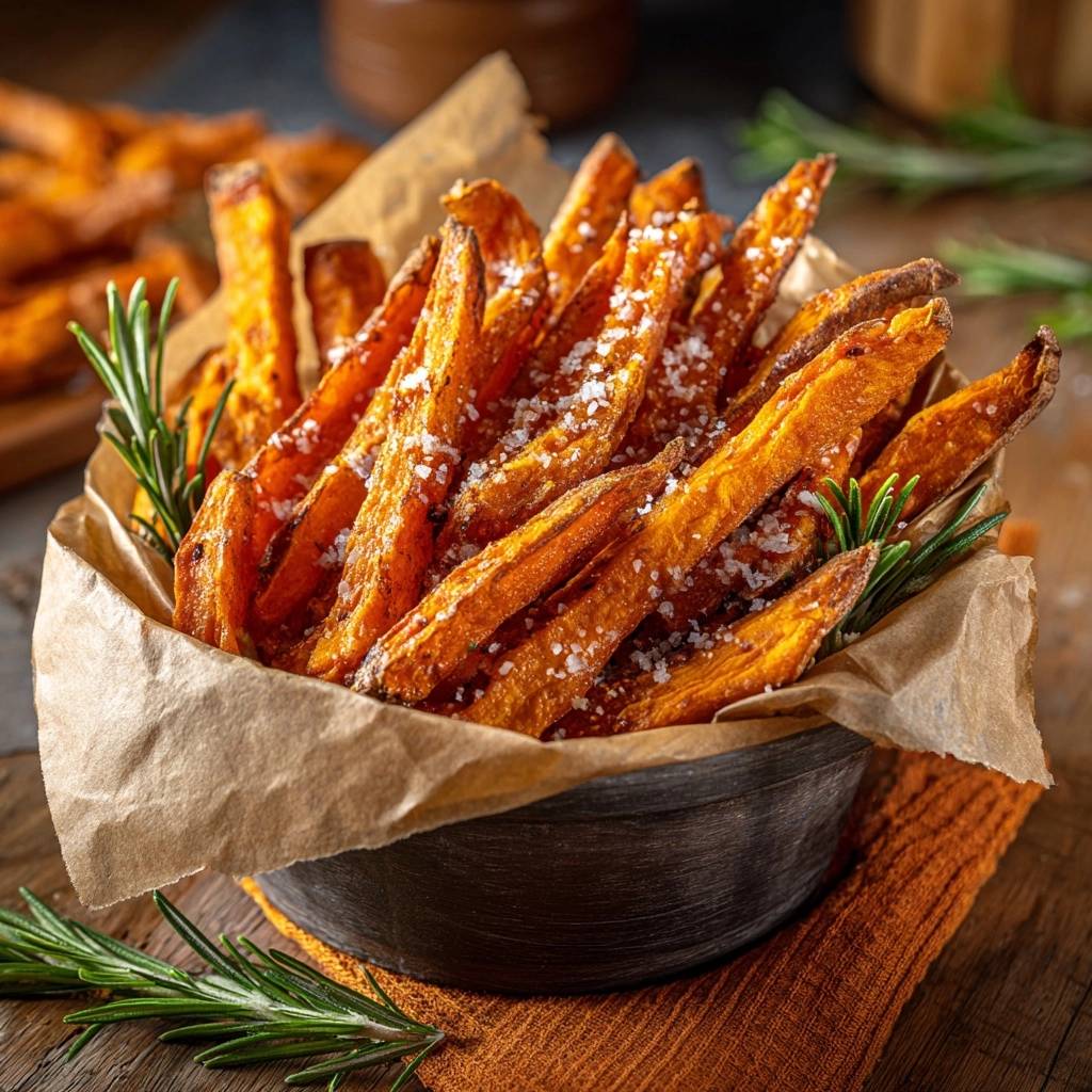 Rosemary sweet potato fries in a bowl, generously seasoned with salt and garnished with fresh rosemary sprigs.