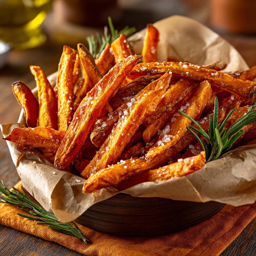 Crispy rosemary sweet potato fries are generously seasoned with coarse sea salt and garnished with fresh rosemary sprigs in a bowl.