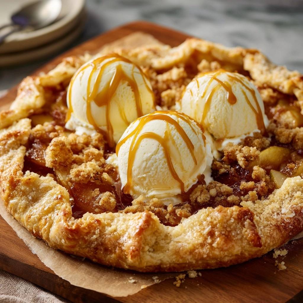 Rustic apple streusel galette topped with three scoops of vanilla ice cream drizzled with caramel.