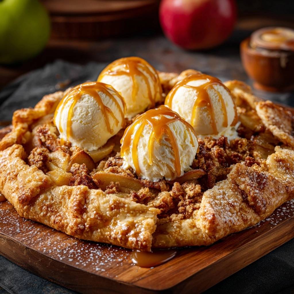 Rustic apple streusel galette with flaky crust topped with scoops of vanilla ice cream drizzled with caramel.
