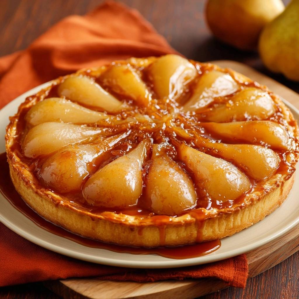 Rustic pear galette with a glistening caramel drizzle, showcasing the tender fruit and golden crust.