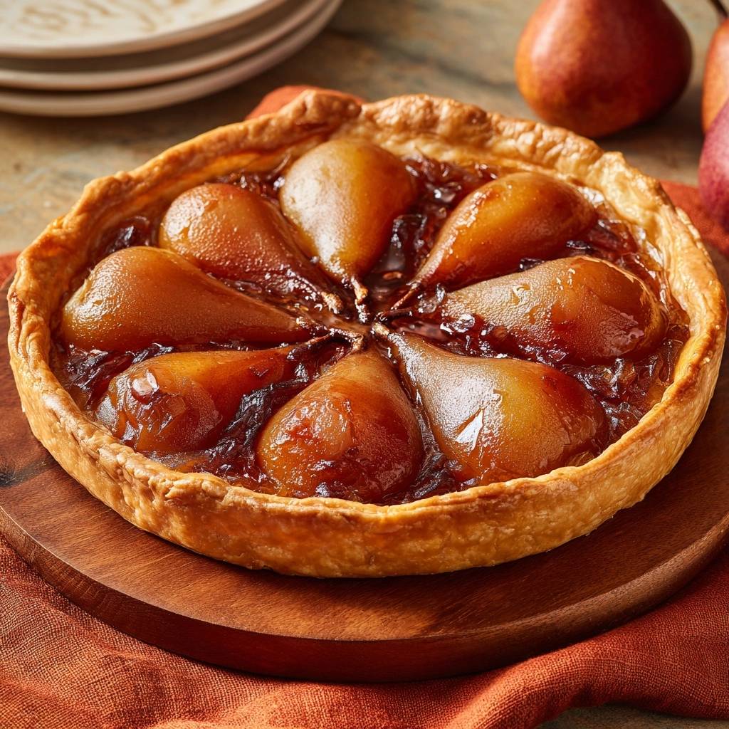 Rustic pear galette with crisp no-sog crust, shown as a whole baked tart with caramelized pears arranged in a circular pattern.