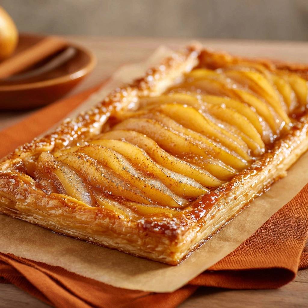 Rustic pear tart with a golden, flaky crust and thinly sliced pears, dusted with cinnamon.