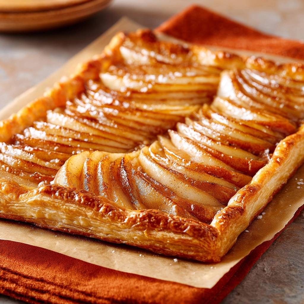 Rustic pear tart with a crisp golden crust, featuring thinly sliced pears and a glistening glaze.