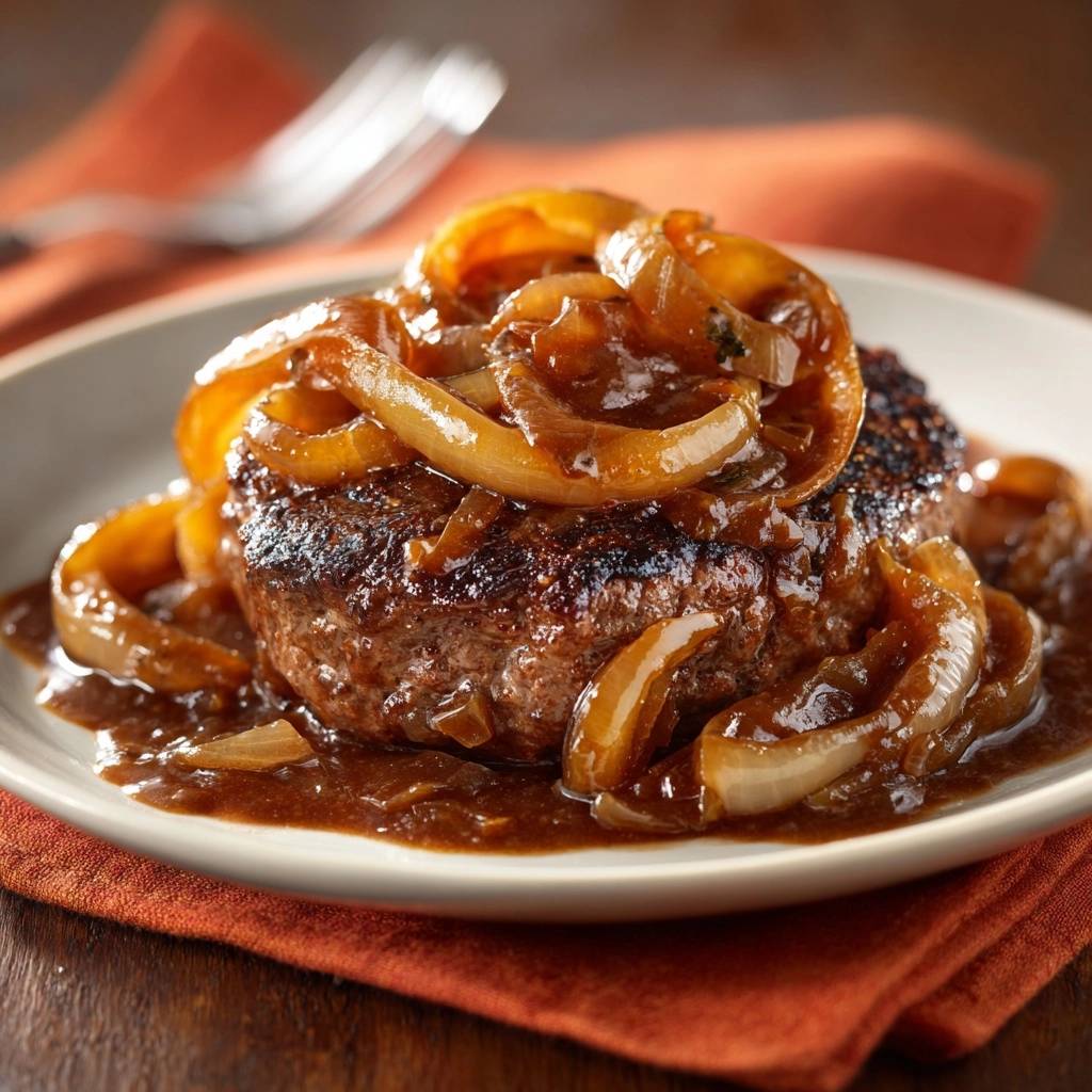 Classic Salisbury steak with onion gravy, served plated and presented in a close-up view with rich brown gravy.