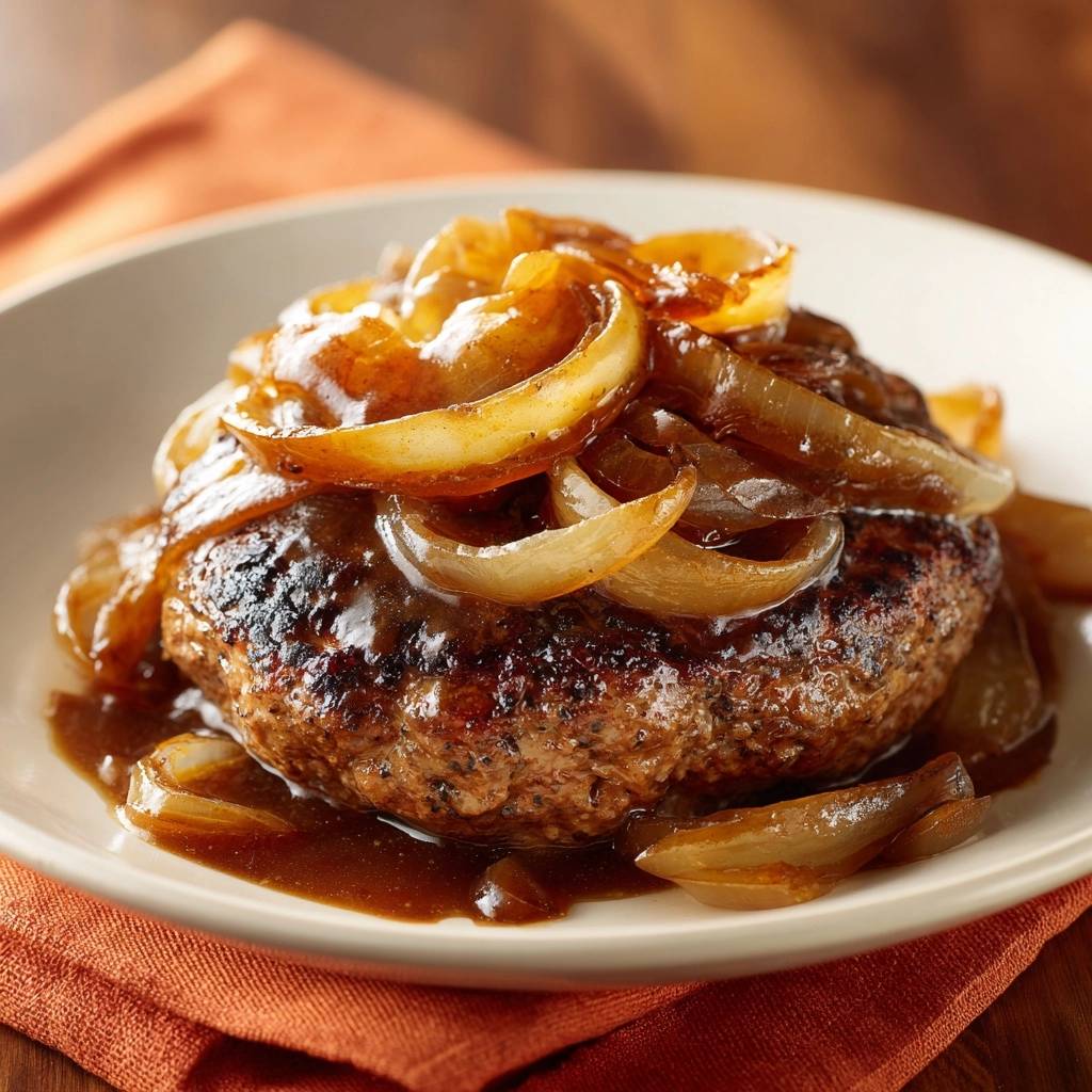 Classic Salisbury Steak with Onion Gravy plated with a close-up view of the juicy patty and rich gravy.